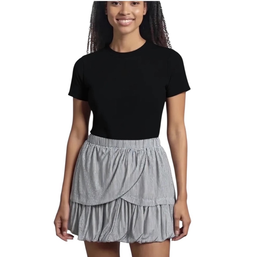 Lucca Couture Gray & White Pinstripe Balloon Ruffled Wrap Mini Skirt Siz…